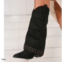 Bota texano negro doblez apliques tacon 8cm  9686A  C-4