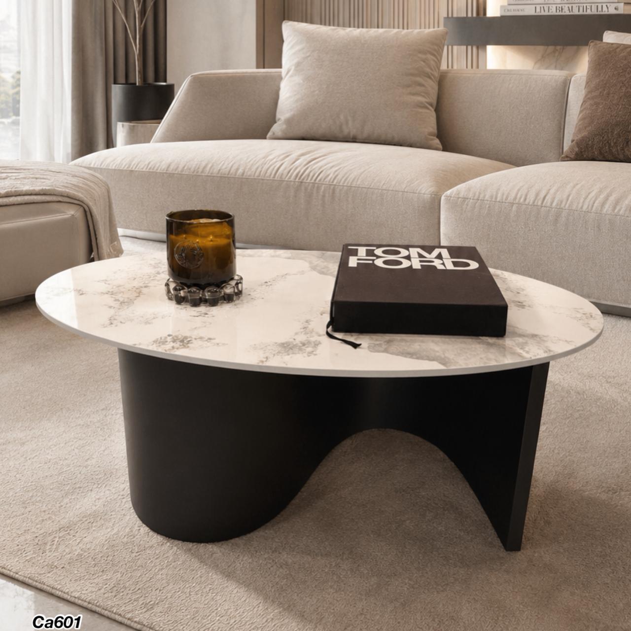 Mesa de centro piedra blanco con betas base metal negro 100cm* 60cm* 40cm
