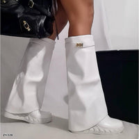 Bota caña alta blanco doblez detalle dorado tacon corrido 9cm Y9B-ZX9192-01  C-93