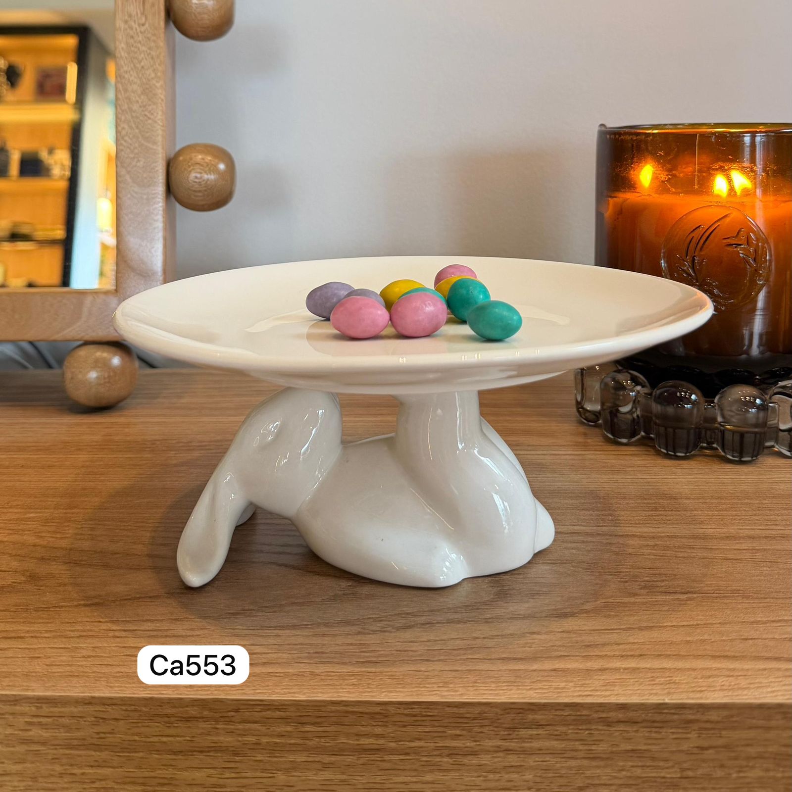 Articulo decorativo conejo blanco ceramica bandeja   20.5cm