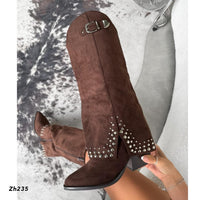 Bota texana café doblez apliques plateado tacon 7cm  BM183  C-85