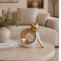 Articulo decorativo gato blanco con dorado diseño circulo  15,5cm* 6cm* 15cm
