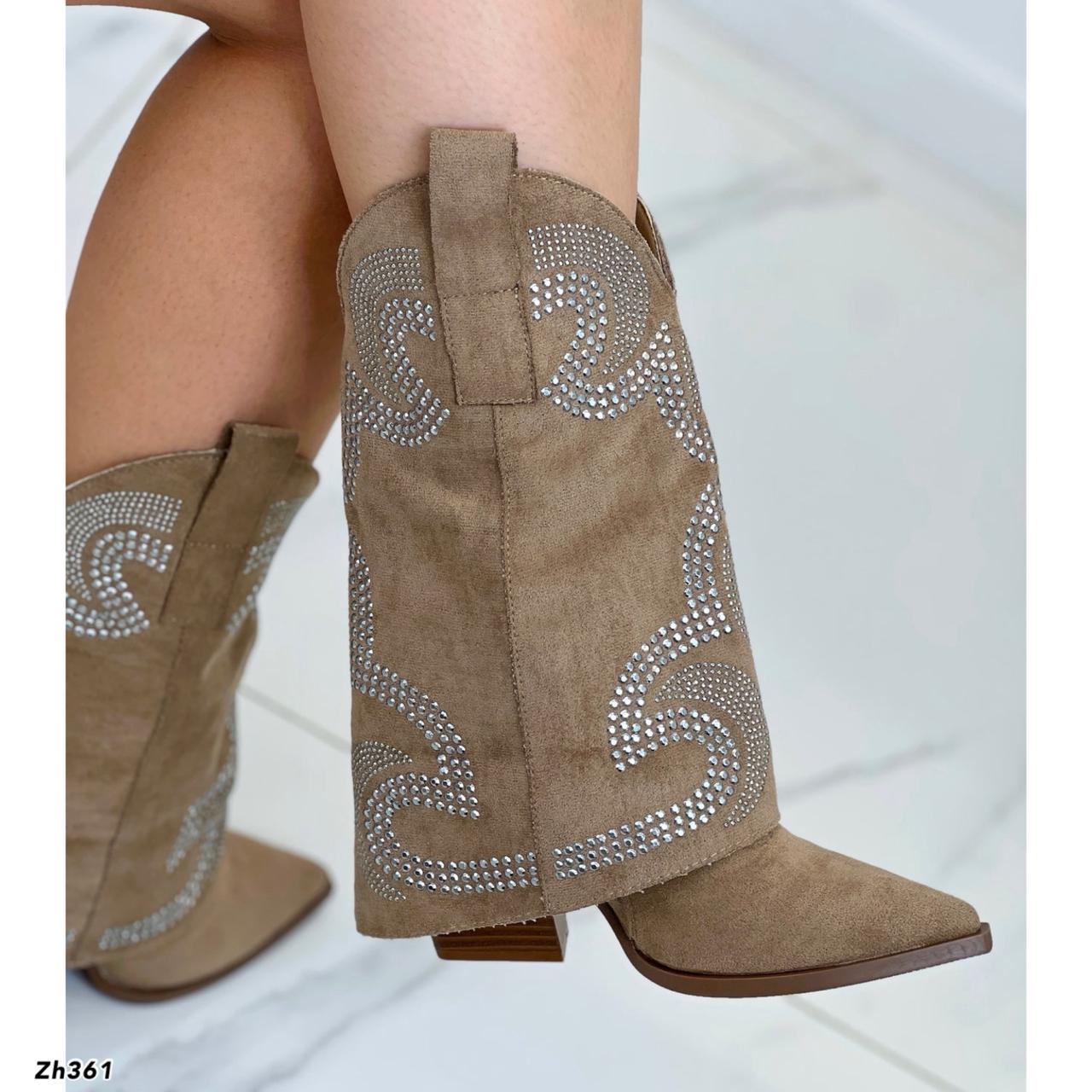 Bota texana beige doblez apliques plateado tacon  8cm  6895-PA  C-126
