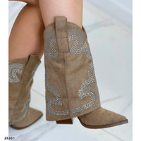 Bota texana beige doblez apliques plateado tacon  8cm  6895-PA  C-126