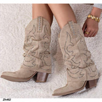 Bota texana beige doblez apliques plateado tacon 9cm  A9982  C-146