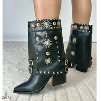 Botin texano negro doblez apliques dorado brillante tacon 8cm   255-109