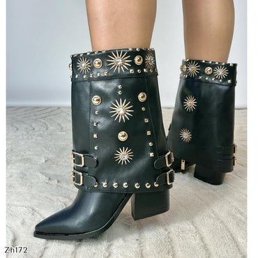 Botin texano negro doblez apliques dorado brillante tacon 8cm   255-109