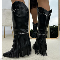 Bota texana negro apliques plateado detalle flecos tacon 8cm  HX3191-B9648