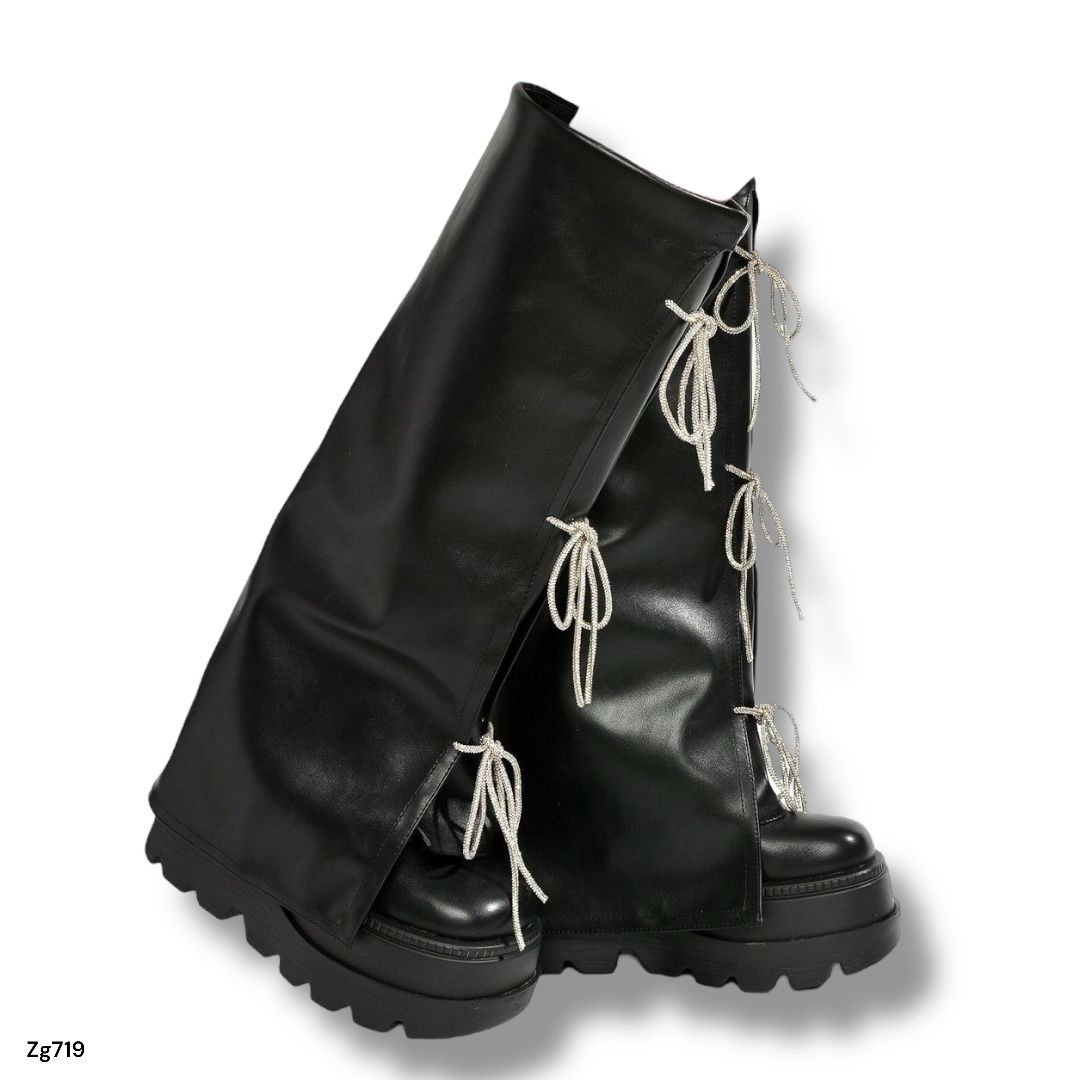 Bota caña alta negro doblez cordon apliques brillantes suela 7cm  52077   C-74