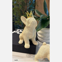 Articulo decorativo perro bull dog sentado textura blanco corona dorado  17cm* 12cm* 20cm