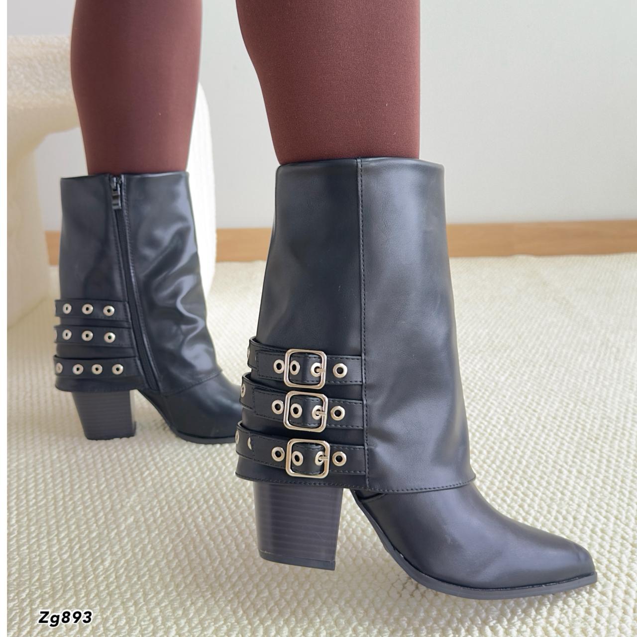 Botin texano negro doblez detalle correas plateado tacon 9cm  9720  C-16