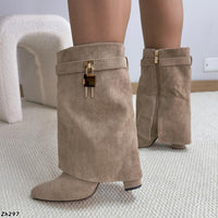 Botin beige doblez detalle dorado tacon 9cm   52217   C-103