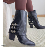 Botin texano negro doblez detalle correas plateado tacon 9cm  9720  C-16