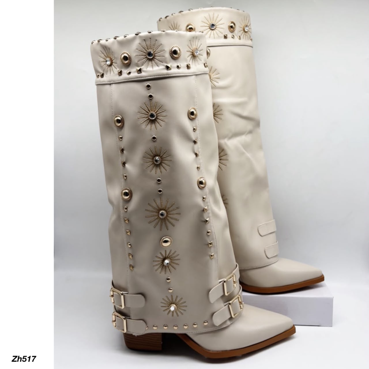 Bota texana beige doblez apliques dorado tacon 8cm  HX3198-B0199