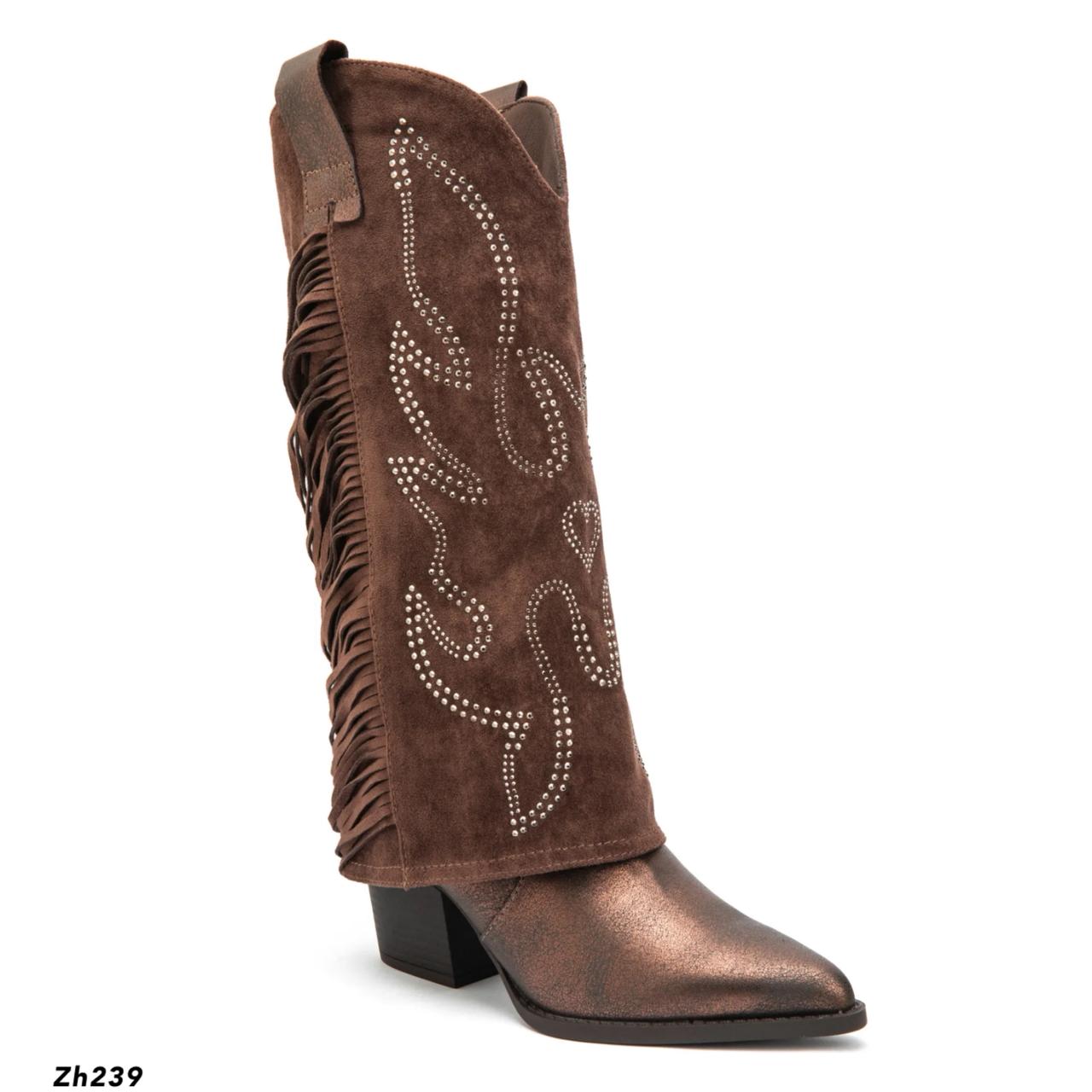 Bota texana café doblez apliques plateado detalle flecos tacon 7cm  M-830  C-81
