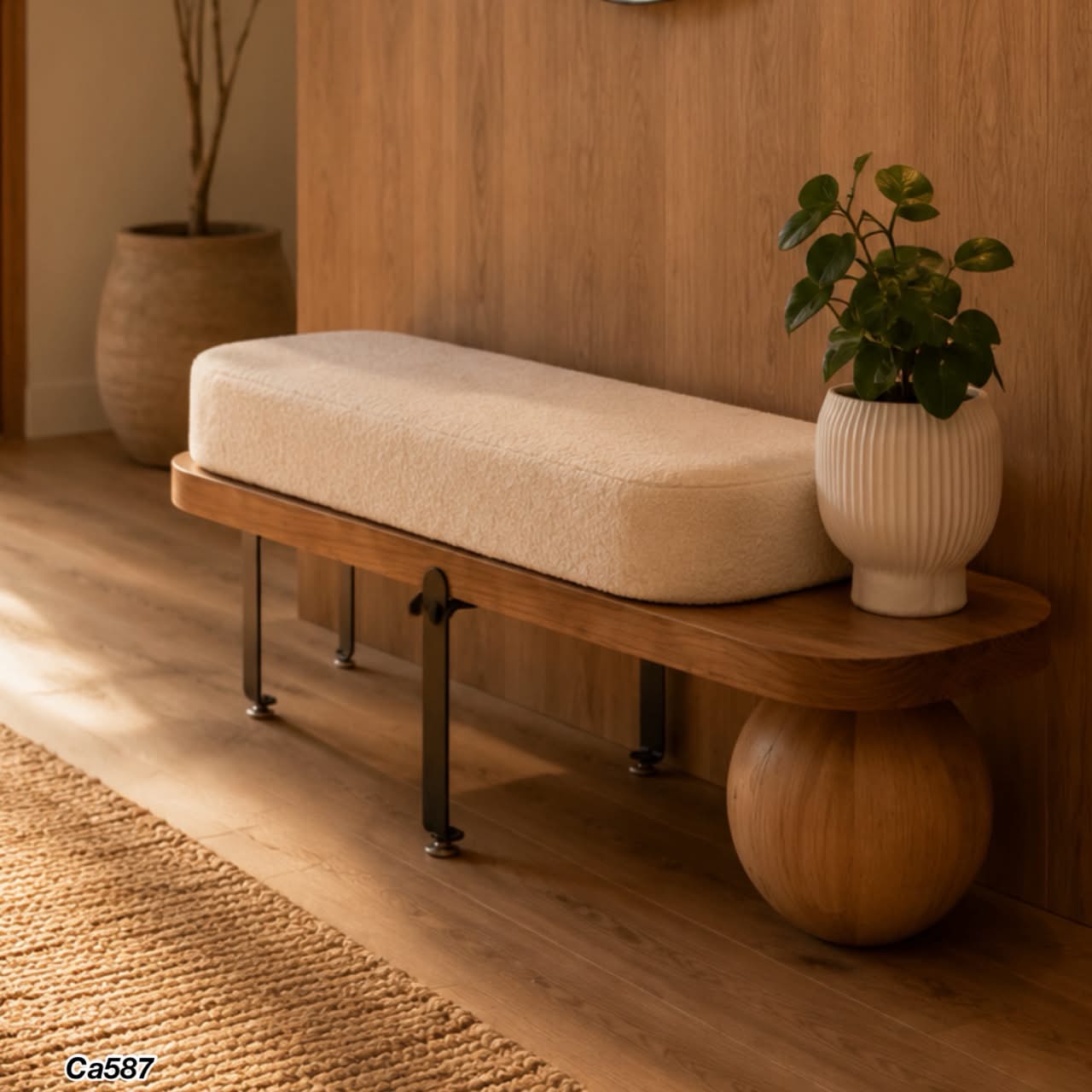 Banca color madera cojin blanco  120cm* 35cm* 45cm