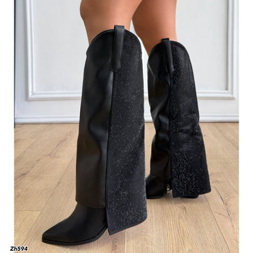 Bota texana negro doblez apliques brillante tacon  8cm  HX3191-B0060