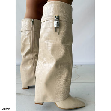 Bota caña alta beige textura doblez detalle plateado tacon 10cm  HX3079-B9527