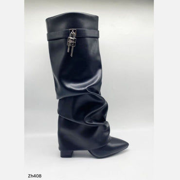 Bota caña alta negro doblez detalle plateado tacon 10cm  HX3079-B9719