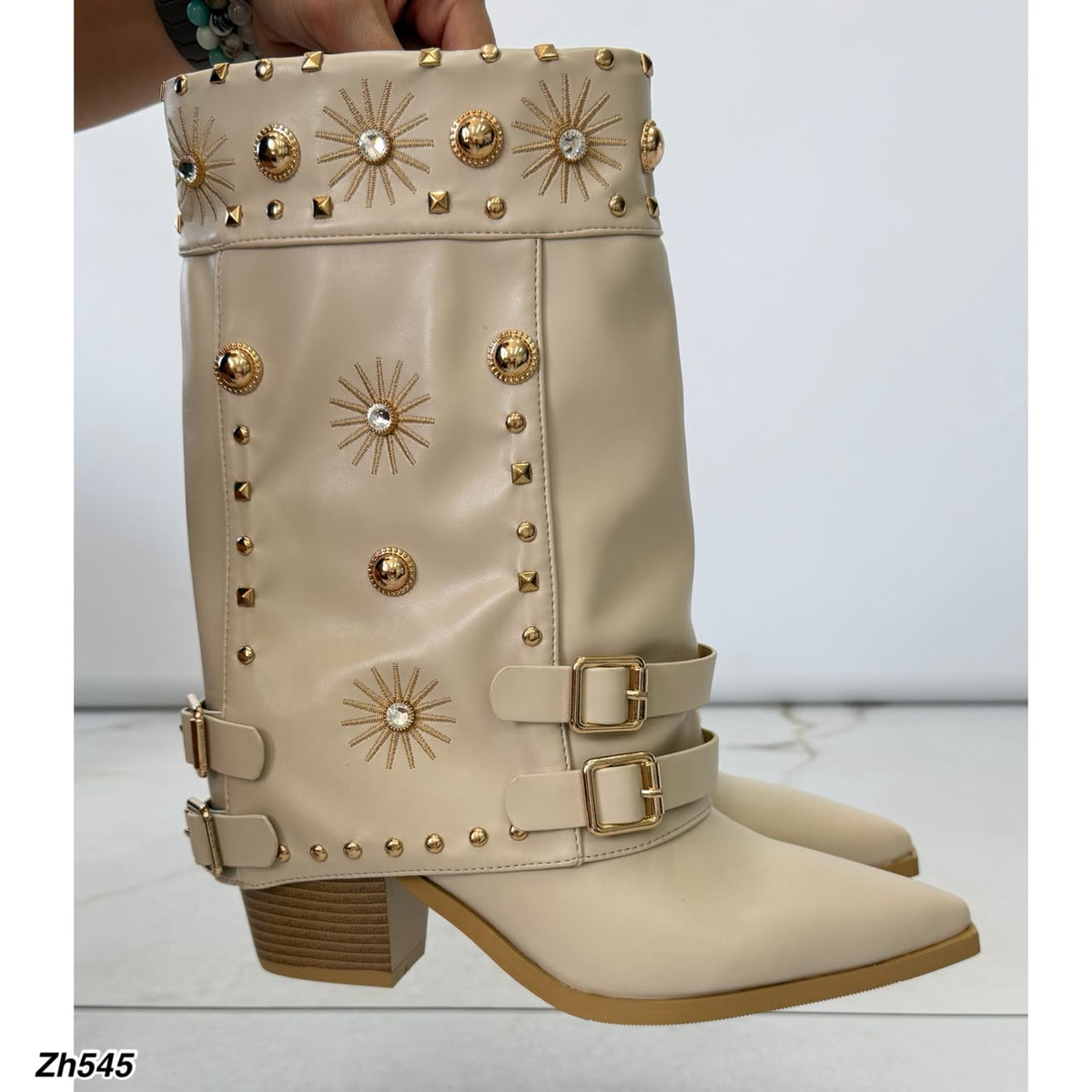 Botin texana beige doblez apliques dorado tacon 8cm   HX3198-B0223