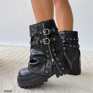 Bota negro doblez detalle correa y cierre plateado suela 8cm  HX3231-B9727