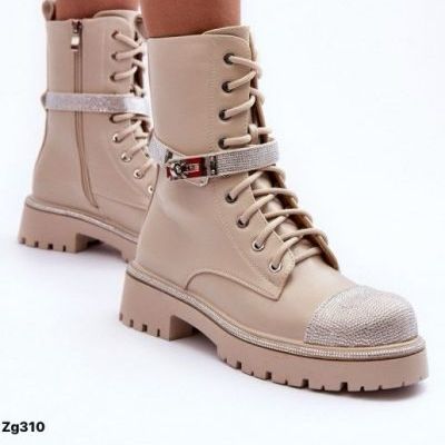 Botin beige detalle apliques plateado correa suela 4cm  52022  C-45