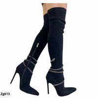 Bota caña alta negro aplique plateado brillante tacon 12cm  K115   C-80