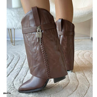 Bota texana café doblez detalle plateado tacon 9cm  HX3083-C1136