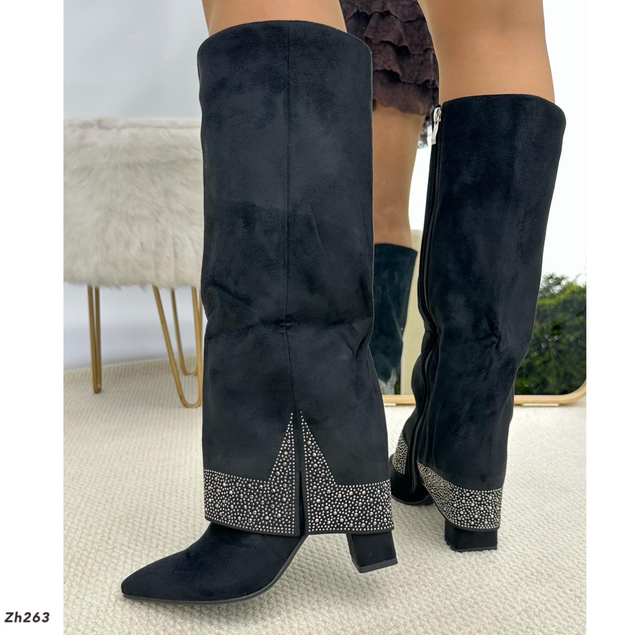 Bota caña alta negro doblez apliques plateado tacon 9cm  255-108