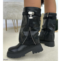 Botin negro doblez apliques brillante suela 5cm  255-082
