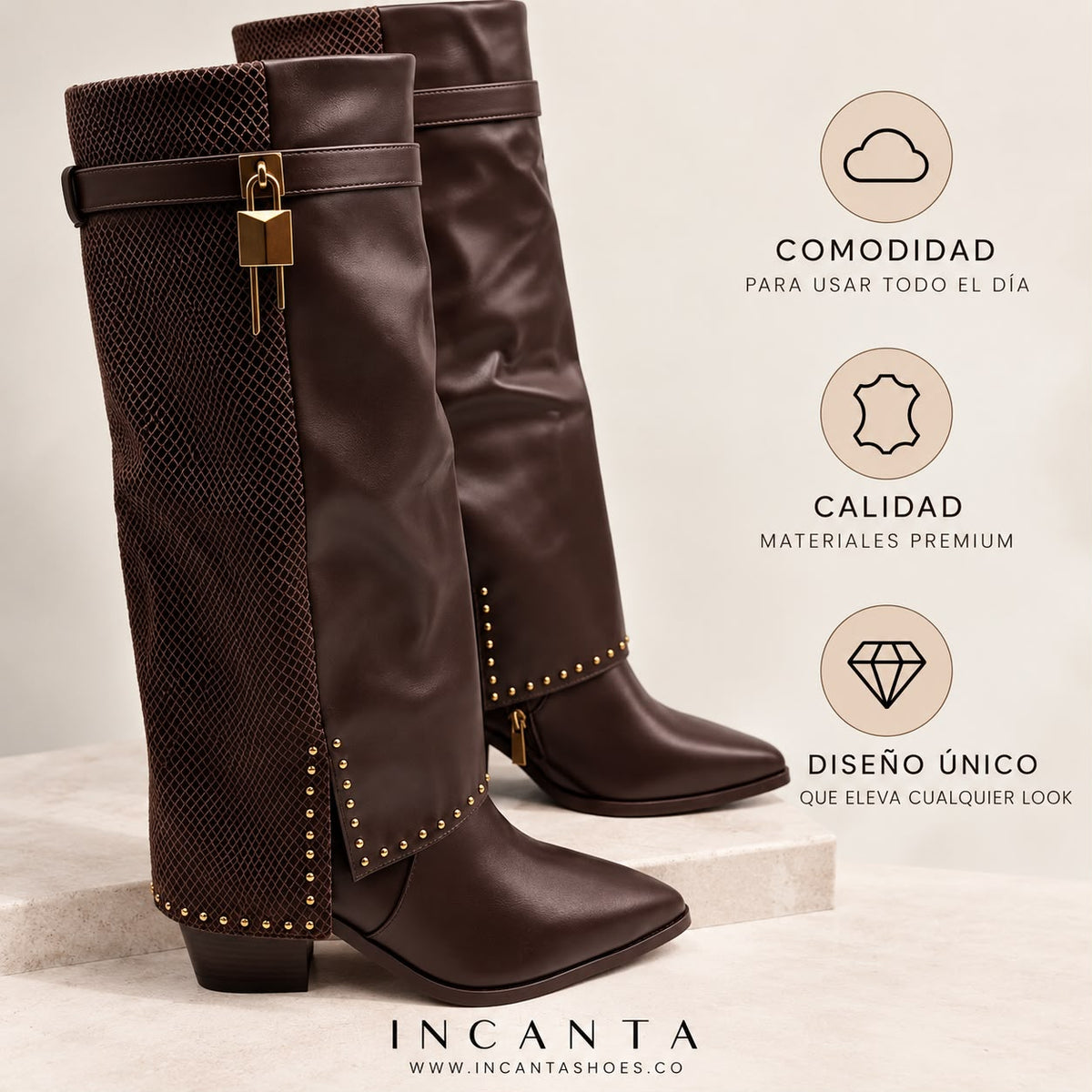 Bota texana café doblez textura apliques dorado tacon 8cm  HX3191-C1793