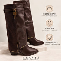 Bota texana café doblez textura apliques dorado tacon 8cm  HX3191-C1793