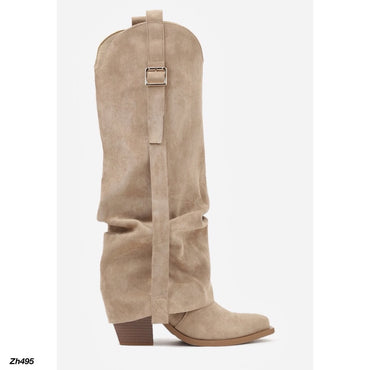 Bota texana beige doblez detalle hebilla dorado tacon 9cm  7699A  C-163