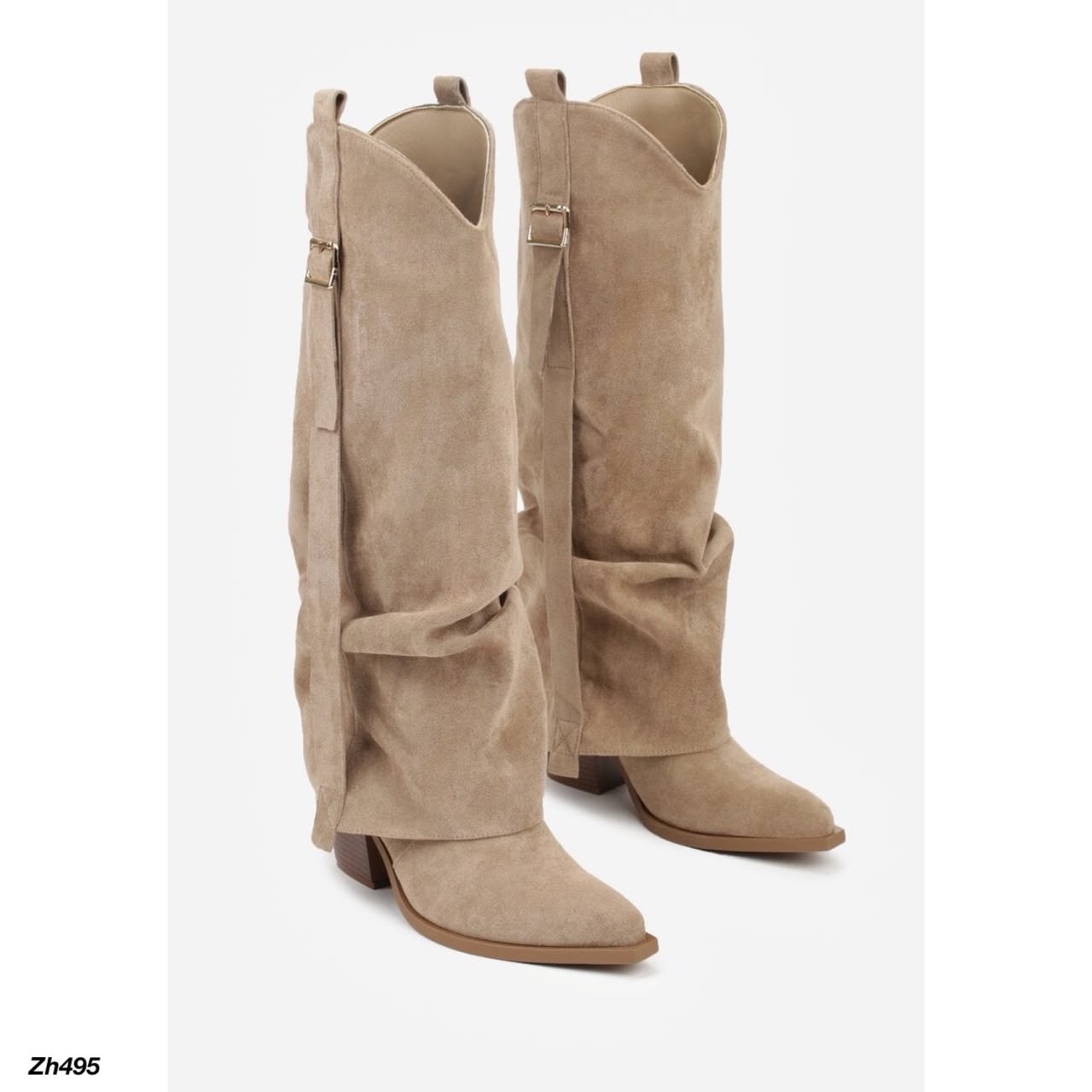 Bota texana beige doblez detalle hebilla dorado tacon 9cm  7699A  C-163