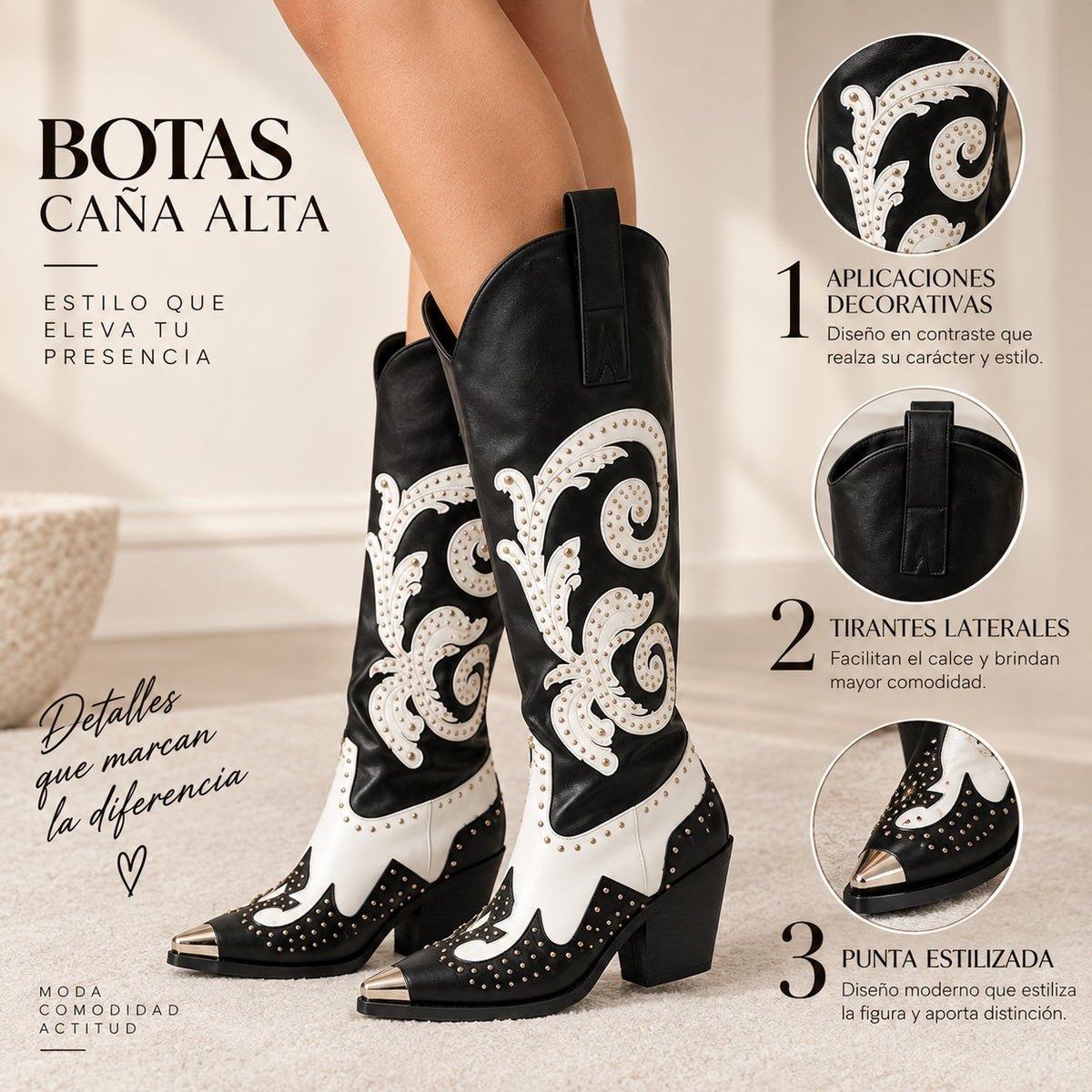 Bota texana negro detalles blanco apliques dorado punta plateado tacon 6cm 255-123