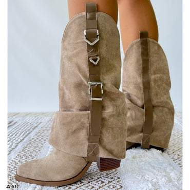 Bota texana beige doblez detalle correa tacon 9cm  A9852   C-160
