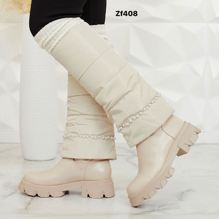 Bota caña alta beige aplique perlas suela 4cm  C-284   C7