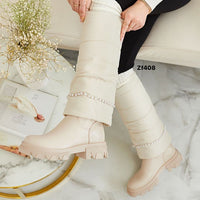 Bota caña alta beige aplique perlas suela 4cm  C-284   C7