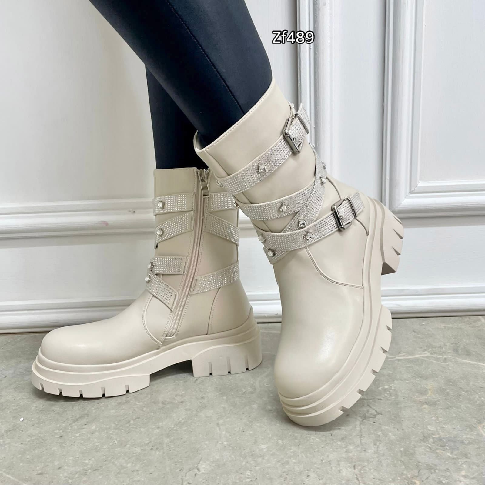 Botin beige apliques brillantes suela 5cm  K6053   C3