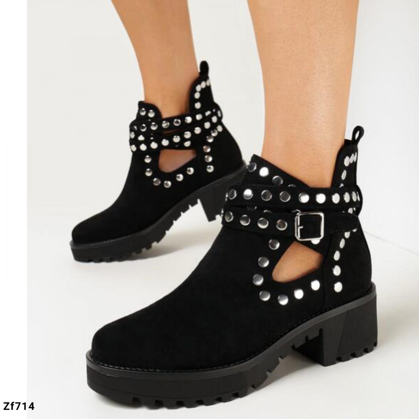 Botin negro apliques plateados suela 5cm   8358  C-66
