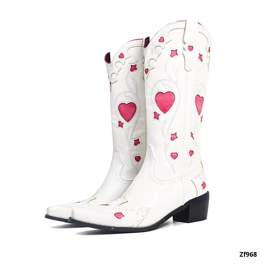 Bota caña alta texana blanca detalles rosa tacon 5cm  BOT004C  C-1