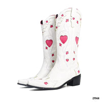 Bota caña alta texana blanca detalles rosa tacon 5cm  BOT004C  C-1