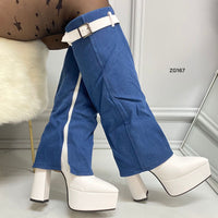 Bota caña alta blanco doblez jean plataforma 4cm tacon 14cm  BOT007C  C-1