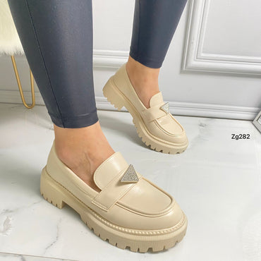 Mocasine beige aplique plateado brillante suela  4cm  NN313 C-30