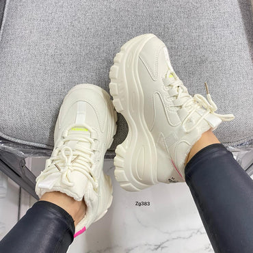 Tenis beige detalle rosado suela 6cm   102  C-2