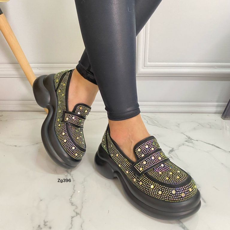 Mocasine negro apliques brillantes tornasol plataforma 6cm 2336  C-2
