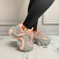 Tenis gris detalles rosado y malla aplique plateado suela plataforma 6cm  339  C-2