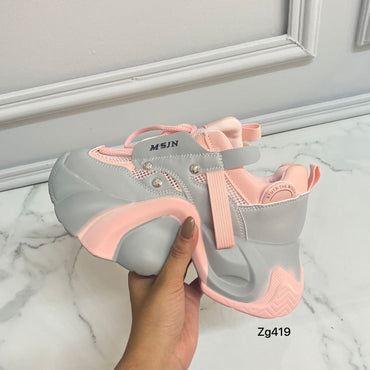 Tenis gris detalles rosado y malla aplique plateado suela plataforma 6cm  339  C-2