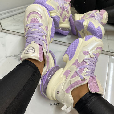 Tenis beige detalles morado suela 5cm  99915-1  C-2