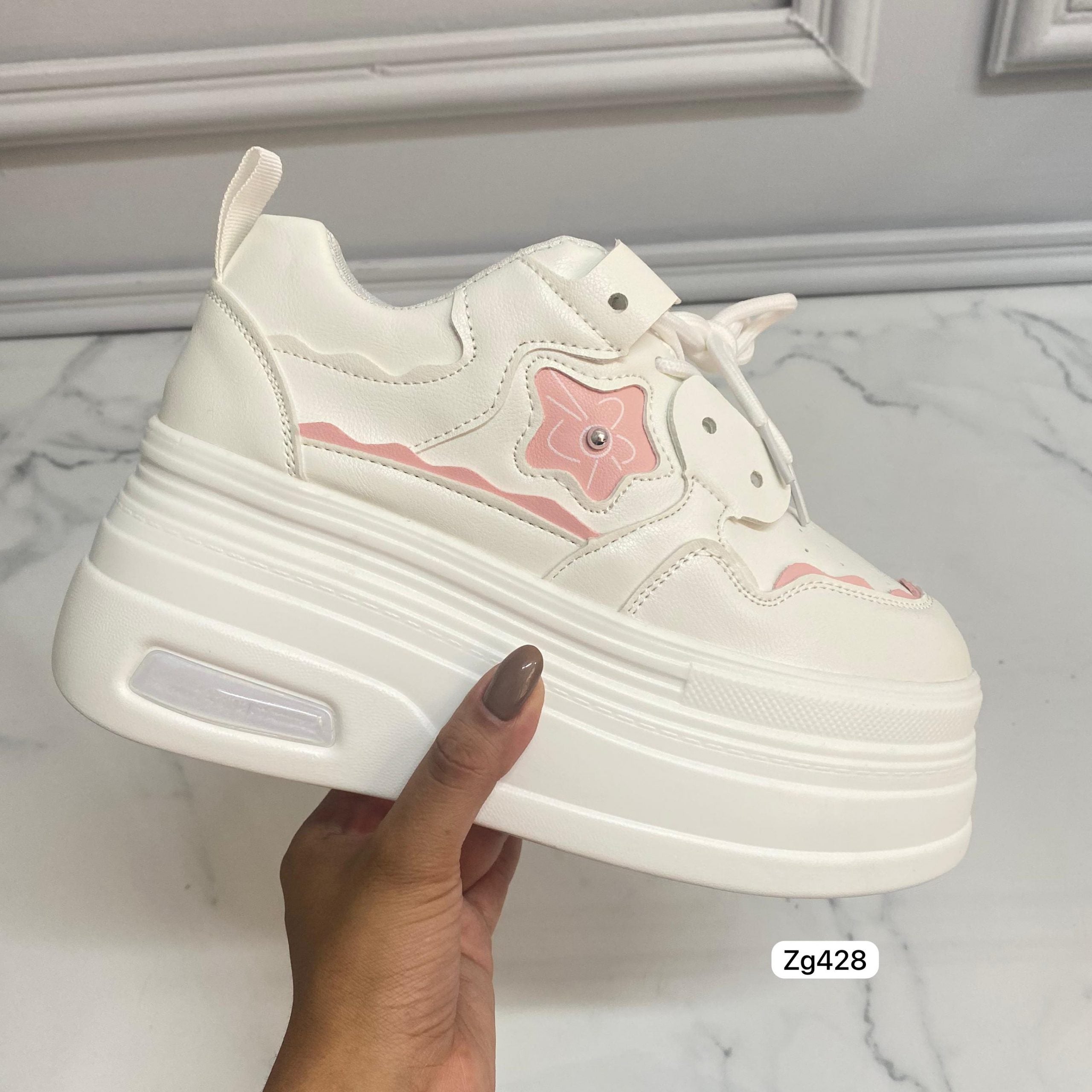 Tenis blanco detalles rosa aplique plataforma 7cm  939  C-2